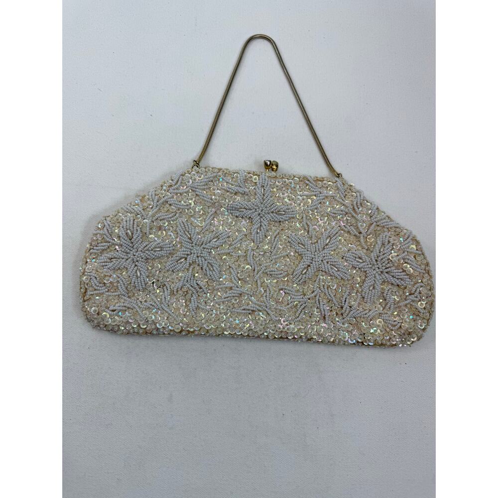 Vintage White Beaded Sequin Evening Bag Handmade in Hong Kong Bridal Glam Prom - Picture 13 of 13